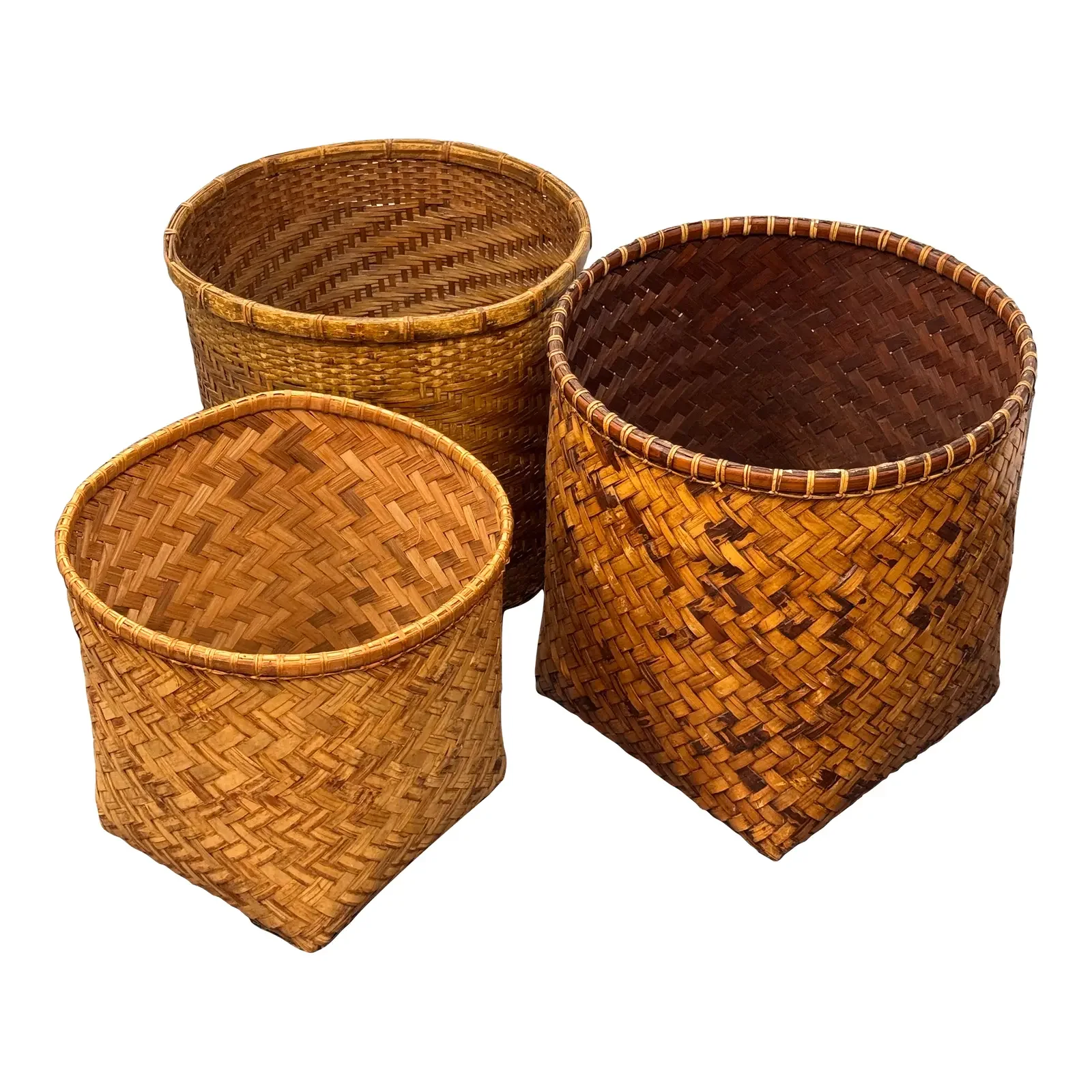 Vintage Handwoven Wicker Baskets, Set of Three
