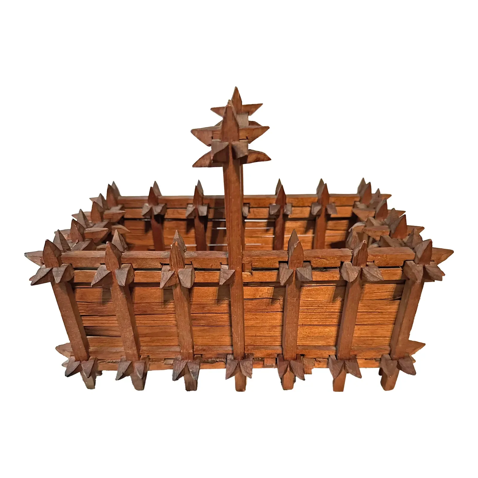 Antique Tramp Art Crown of Thorns Wooden Basket With Handle