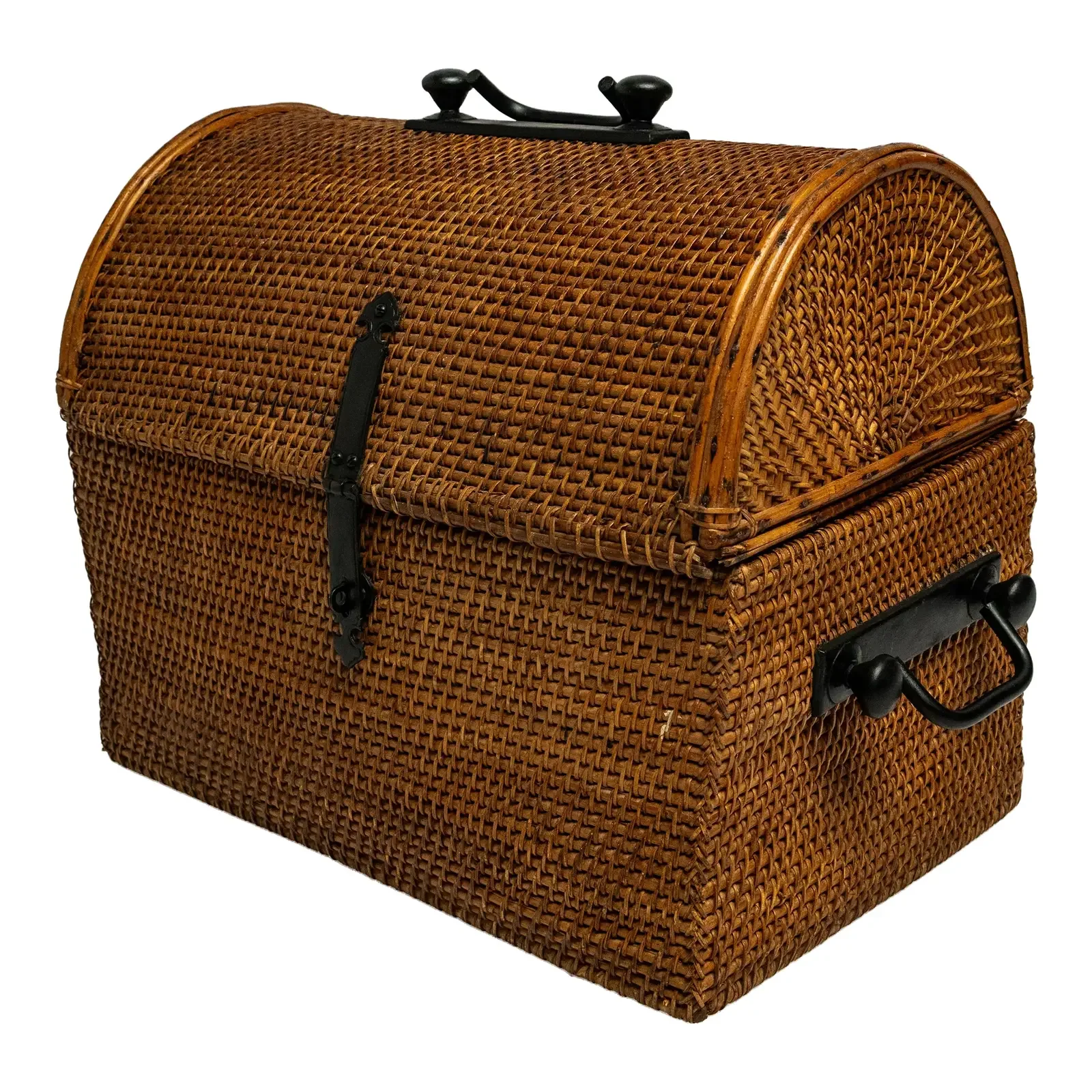 1970s Domed Rattan Woven Basket With Iron Hardware