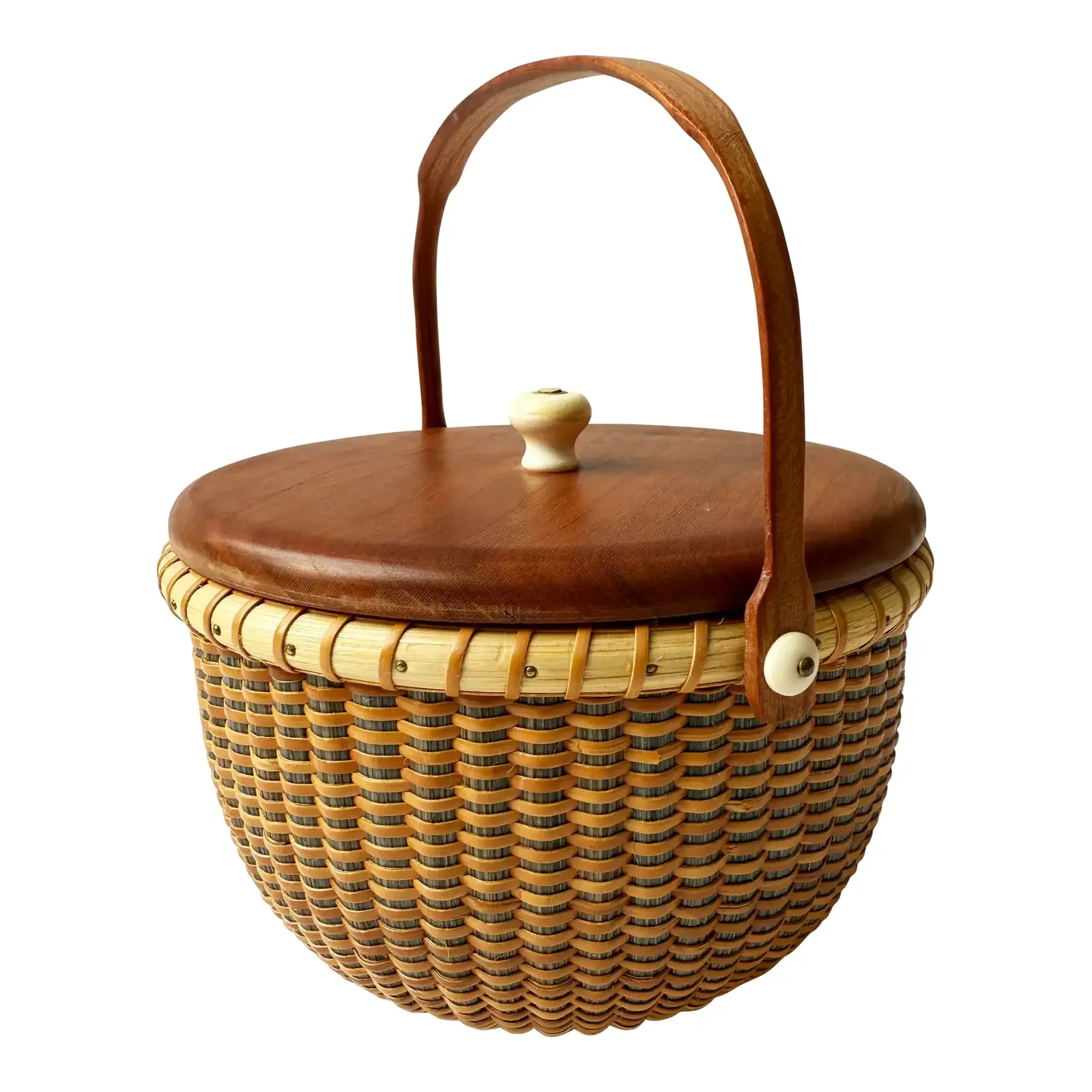 Vintage Signed Nantucket Lightship Basket – Handcrafted With Lid, Bone Handle & Geometric Pattern