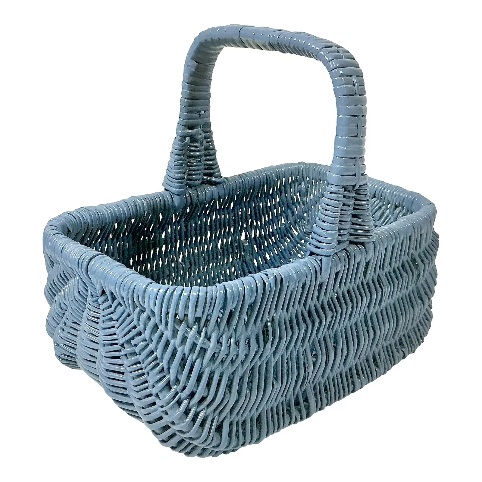 Mid-Century Boho Chic Coastal French Blue Wicker Tabletop Basket