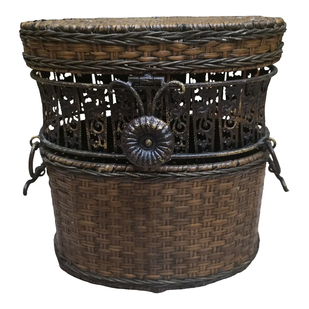 Vintage Woven Rattan & Ornate Metal Storage Basket Chest