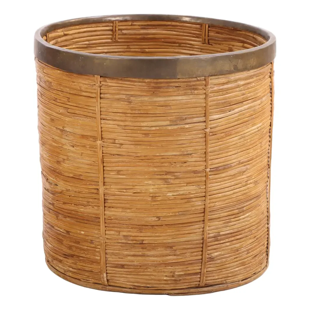 French Rattan and Brass Basket, C 1970