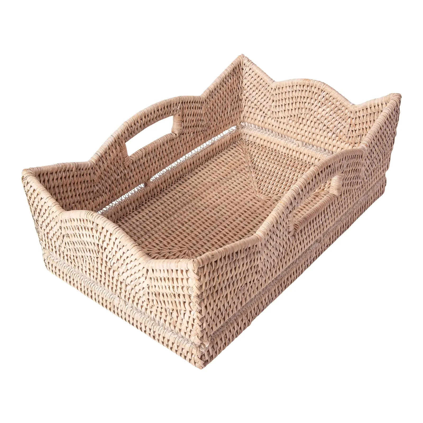 Artifacts Rattan Rectangular Scalloped Shelf Basket – White Wash