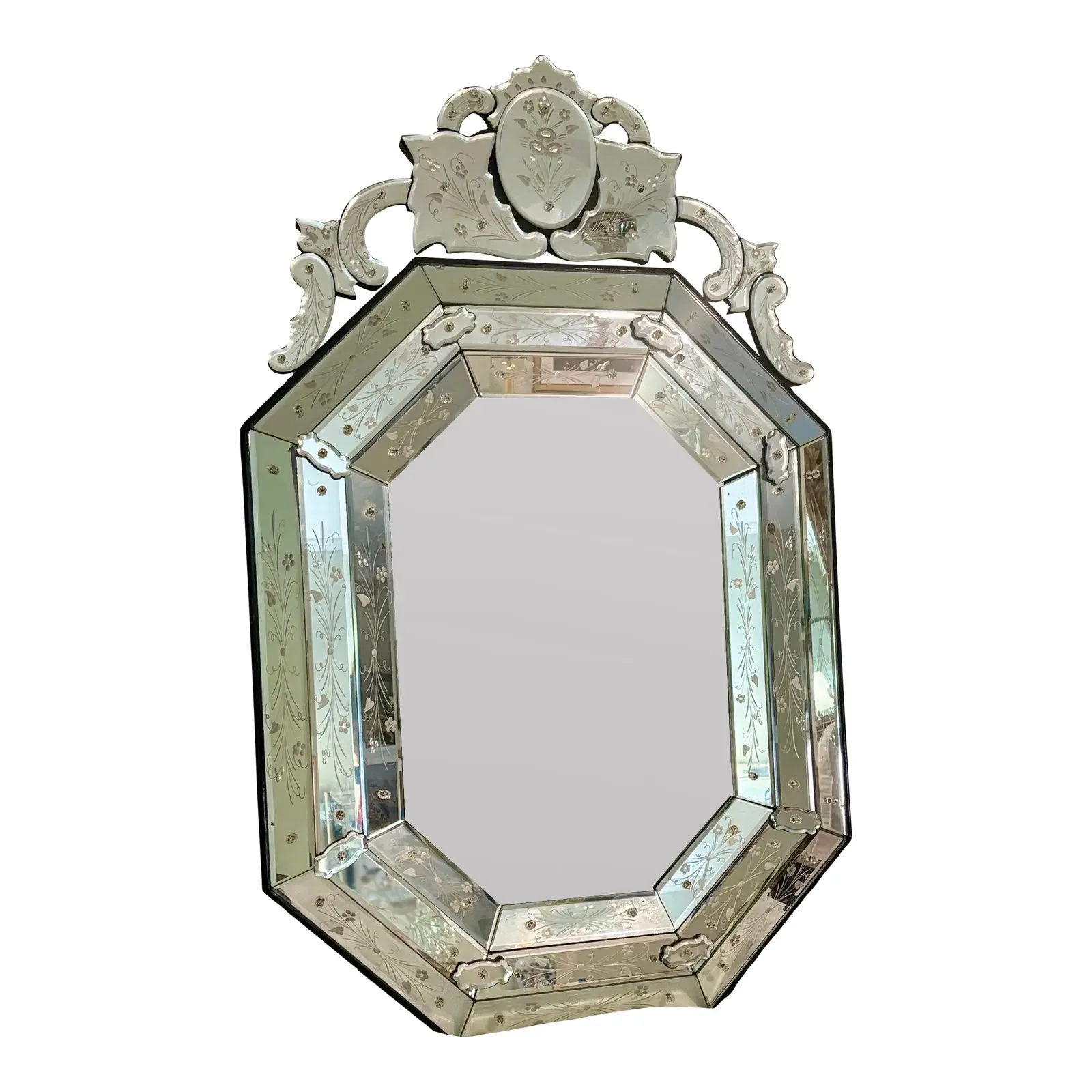 Antique Octagonal Venetian Etched Glass Mirror With Etched Floral Design