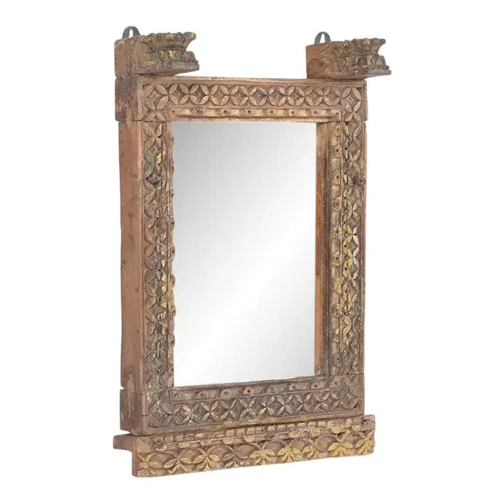 Antique Indian Carved and Painted Teakwood Window – Mirror