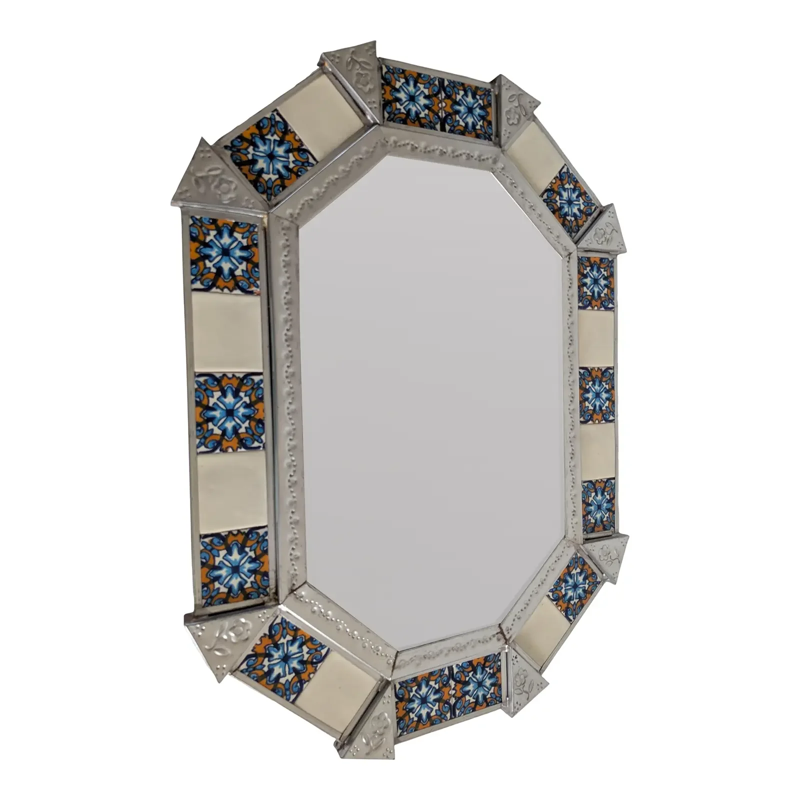 Vintage Mexican Hojalata Punched Tin Talavera Tile Mirror Signed
