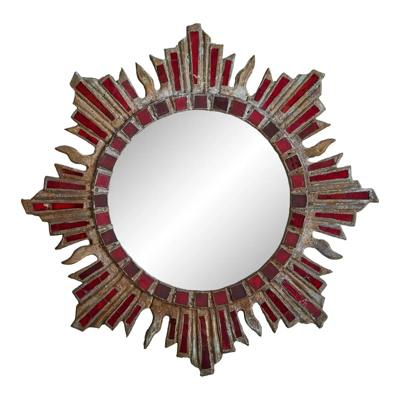 French Sunburst Wall Mirror with Red Talosel Inlay by Irena Jaworska, 1960s