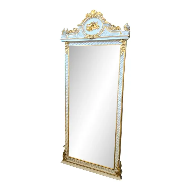 French Neoclassical Floor Mirror With White & Gold Leaf Frame and Decorative Pediment