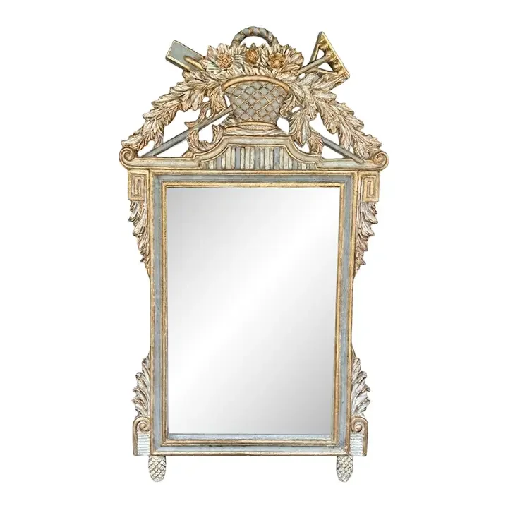 Late 20th Century Wood & Gesso Parcel Gilt Newly Painted Chambray Blue Louis XVI Wall Mirror – Mario Buatta Style
