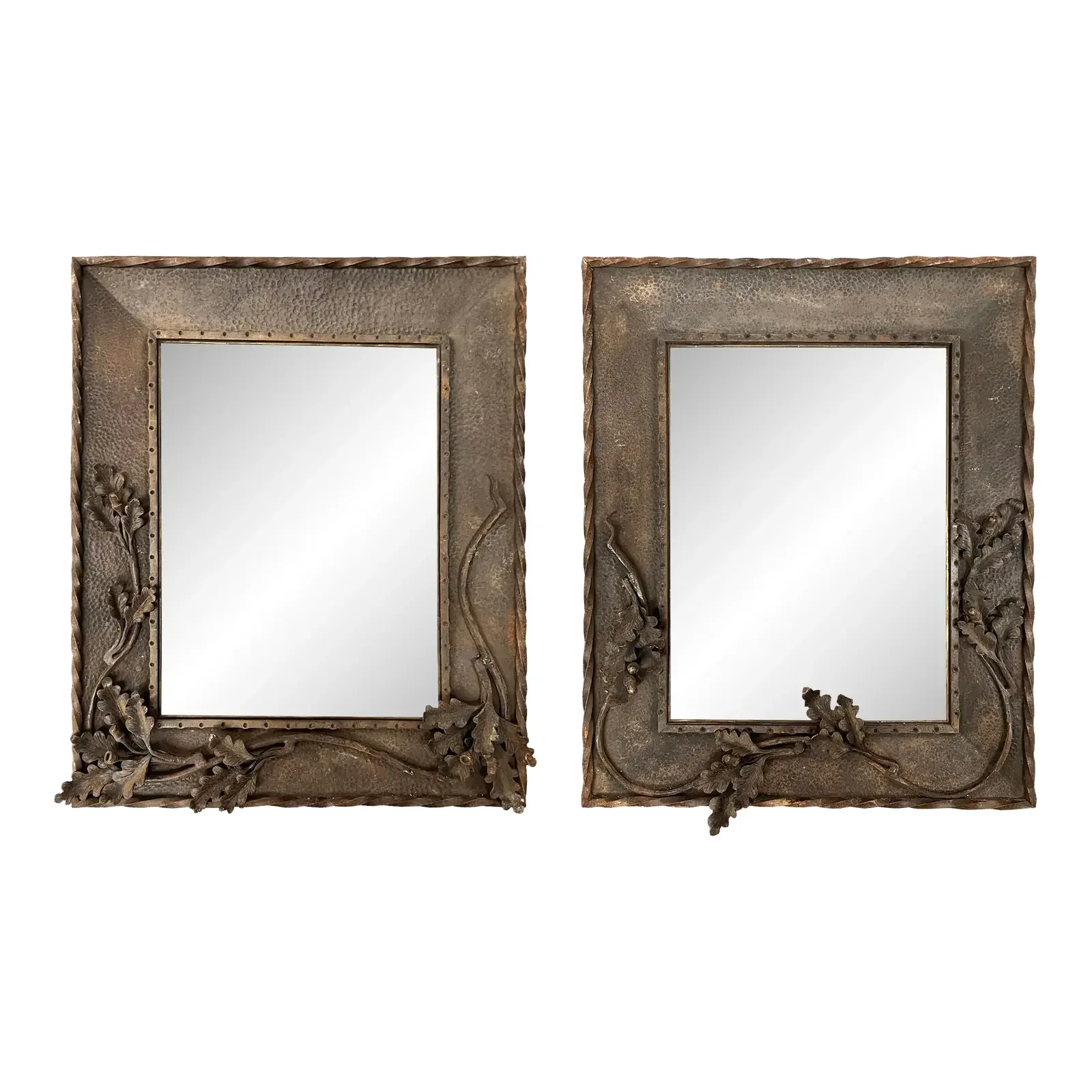Pair of Early 20th Century French Wrought Iron Oak Leaf Mirrors