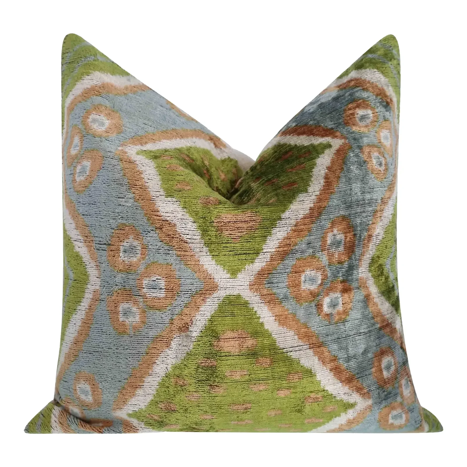 Handmade Velvet Throw Pillow With Green and Blue Geometric Ikat Design