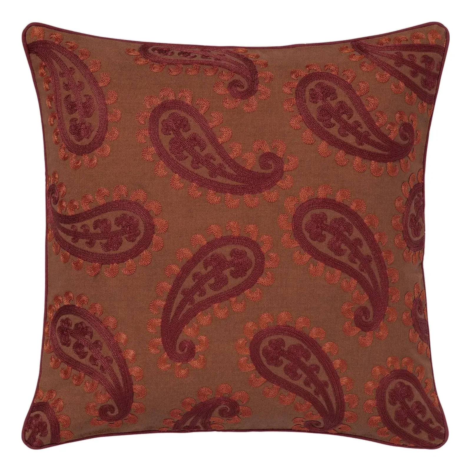 Palais Paisley Embroidered Throw Pillow in Spice & Coral (20” X 20”)