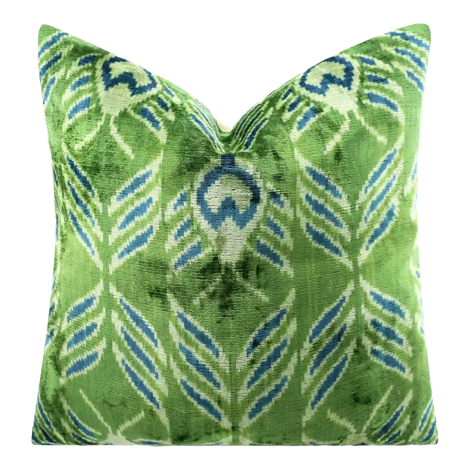 Handmade Velvet Throw Pillow With Green and Teal Ikat Design With Premium Down Feather Insert