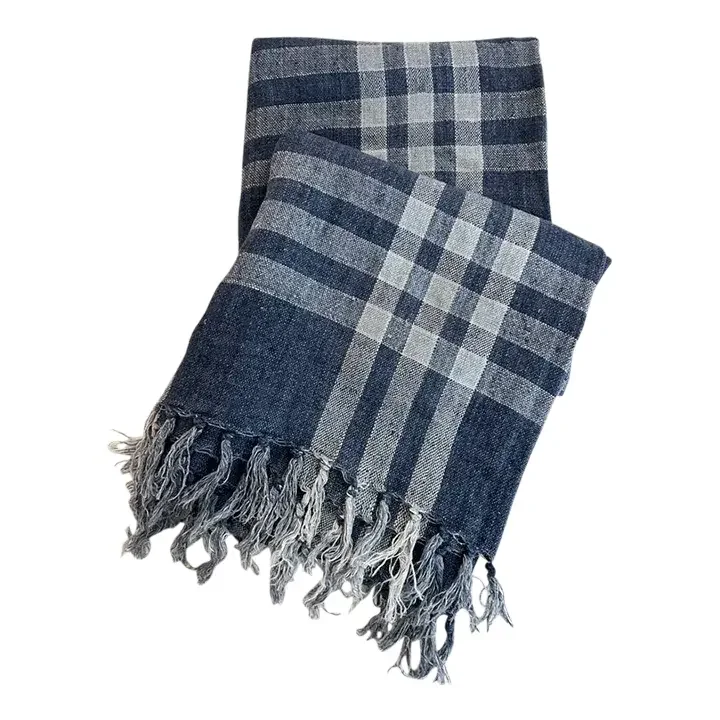Bunny Williams Pine Cone Hill 100% Linen Plaid Navy White Throw €šÃ„ì Enzyme Washed Blue Tones