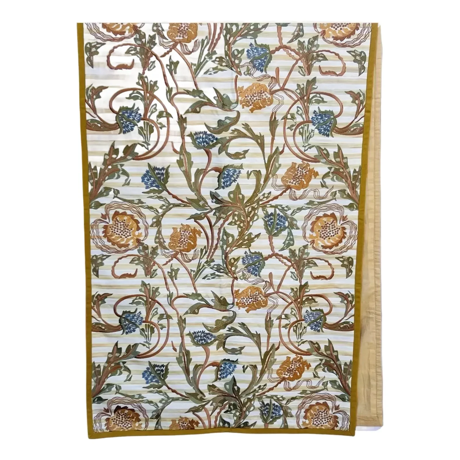 Mackenzie Childs One of the Kind Floral Wine Embroidered Parchment Stripe Bed Runner