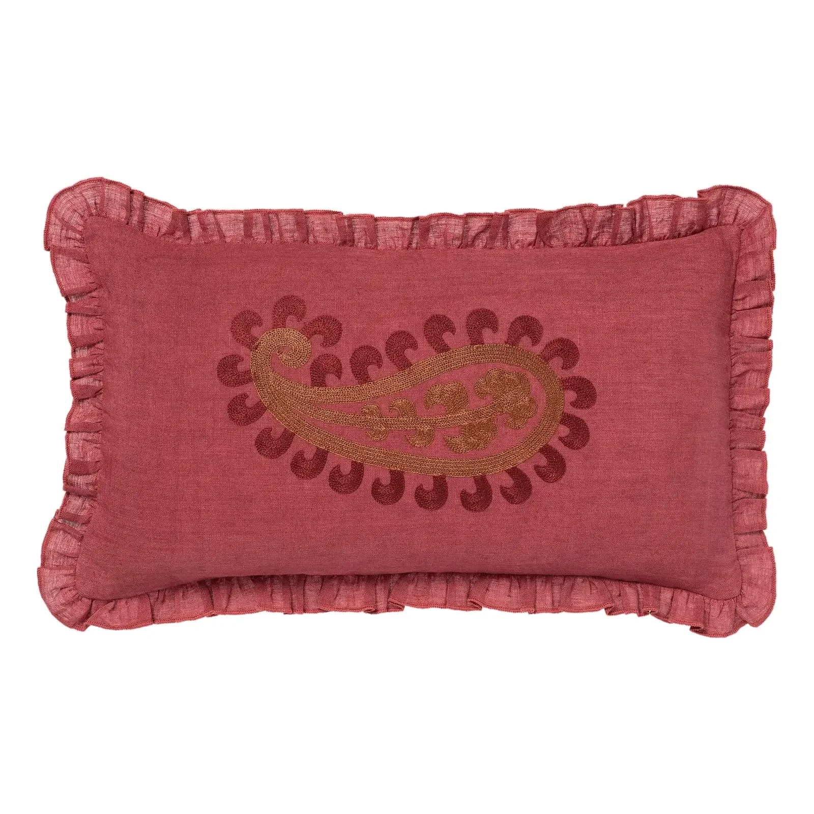 Palais Ruffled Paisley Throw Pillow in Pink & Rust Linen (20” X 12”)