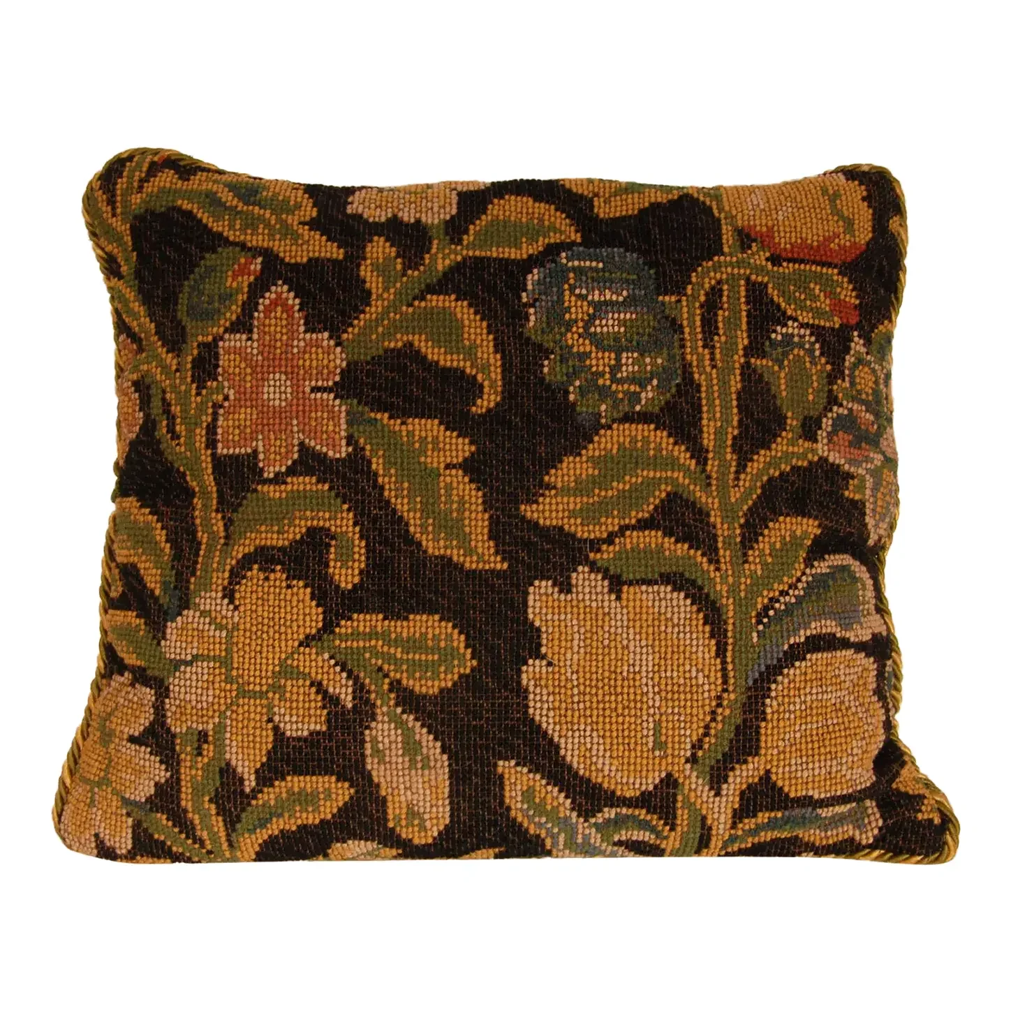 19th Century French Needlepoint Pillow Throw Cushion Floral Dark Blue Hand Crafted
