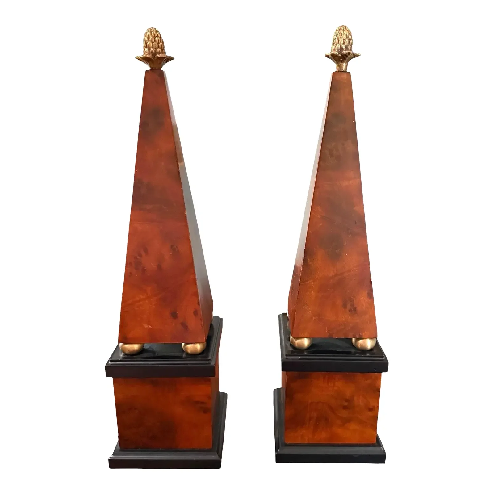 Pair of Vintage Burl Wood Obelisks by Decorative Crafts #8675 Neo- Classical