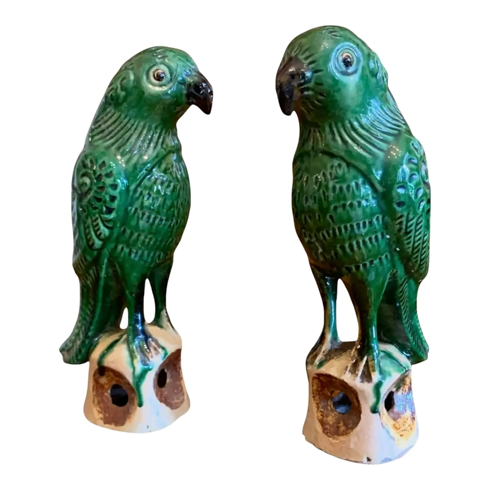 Pair of Antique Sancai Glazed Chinese Export Parrots