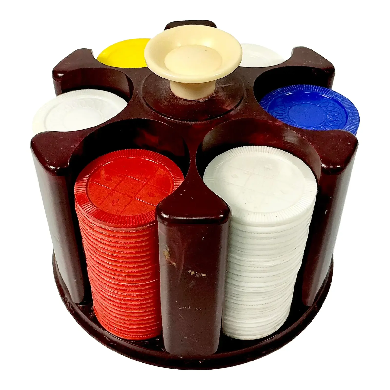 Mid-Century Boho Chic Americana Poker Chips and Plastic Storage Caddy.
