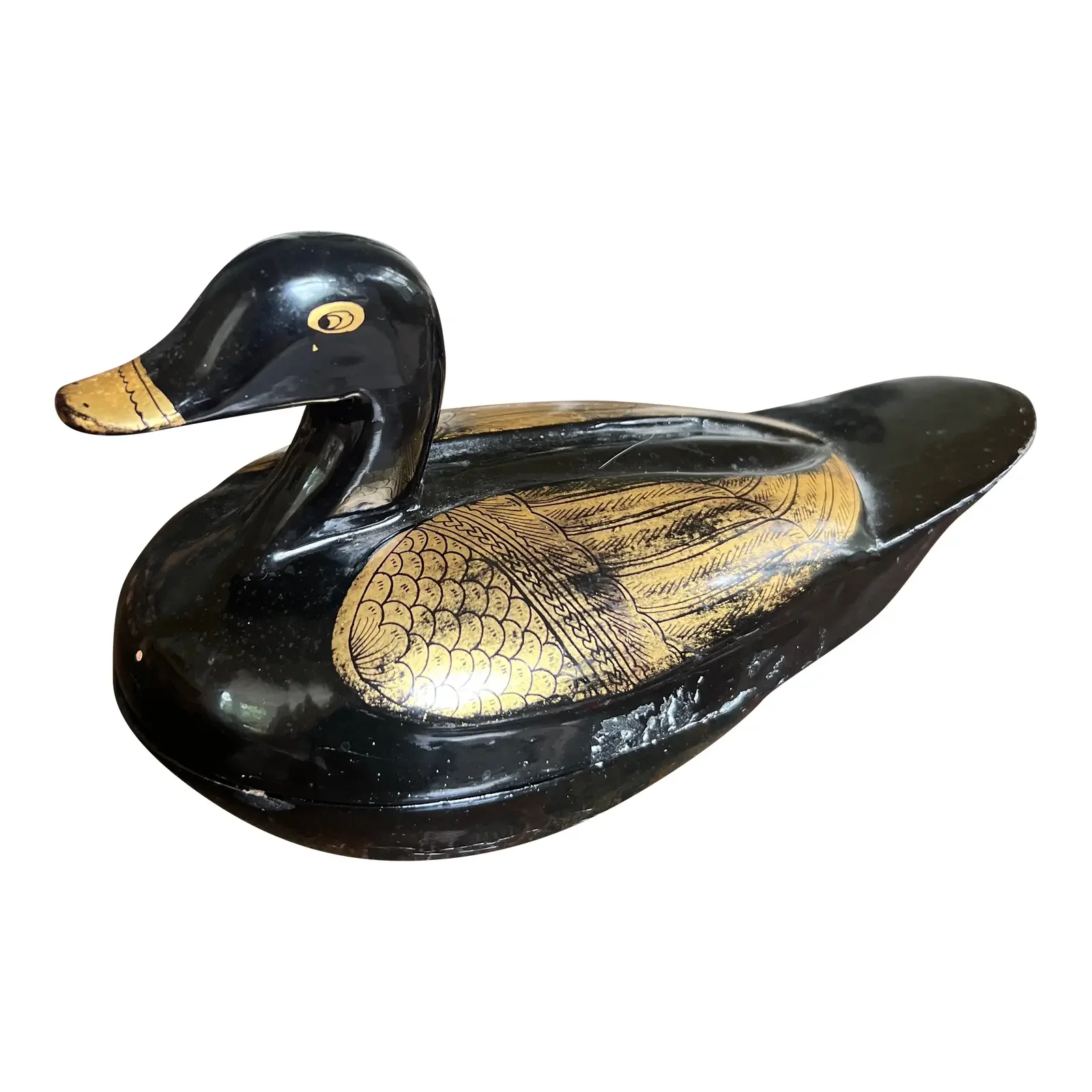 Vintage Indonesian Black Lacquered Duck Box With Gilded Accents