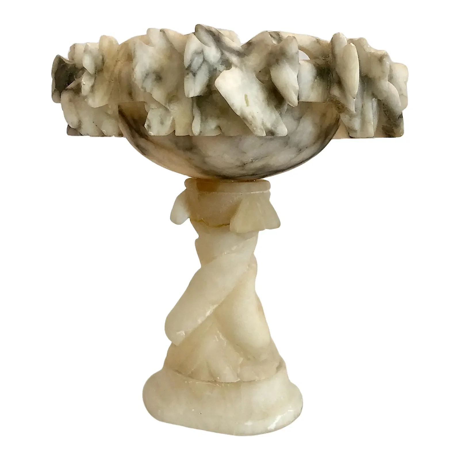 Antique Miniature Italian Alabaster Pedestal Bowl With Grapes and Dolphins