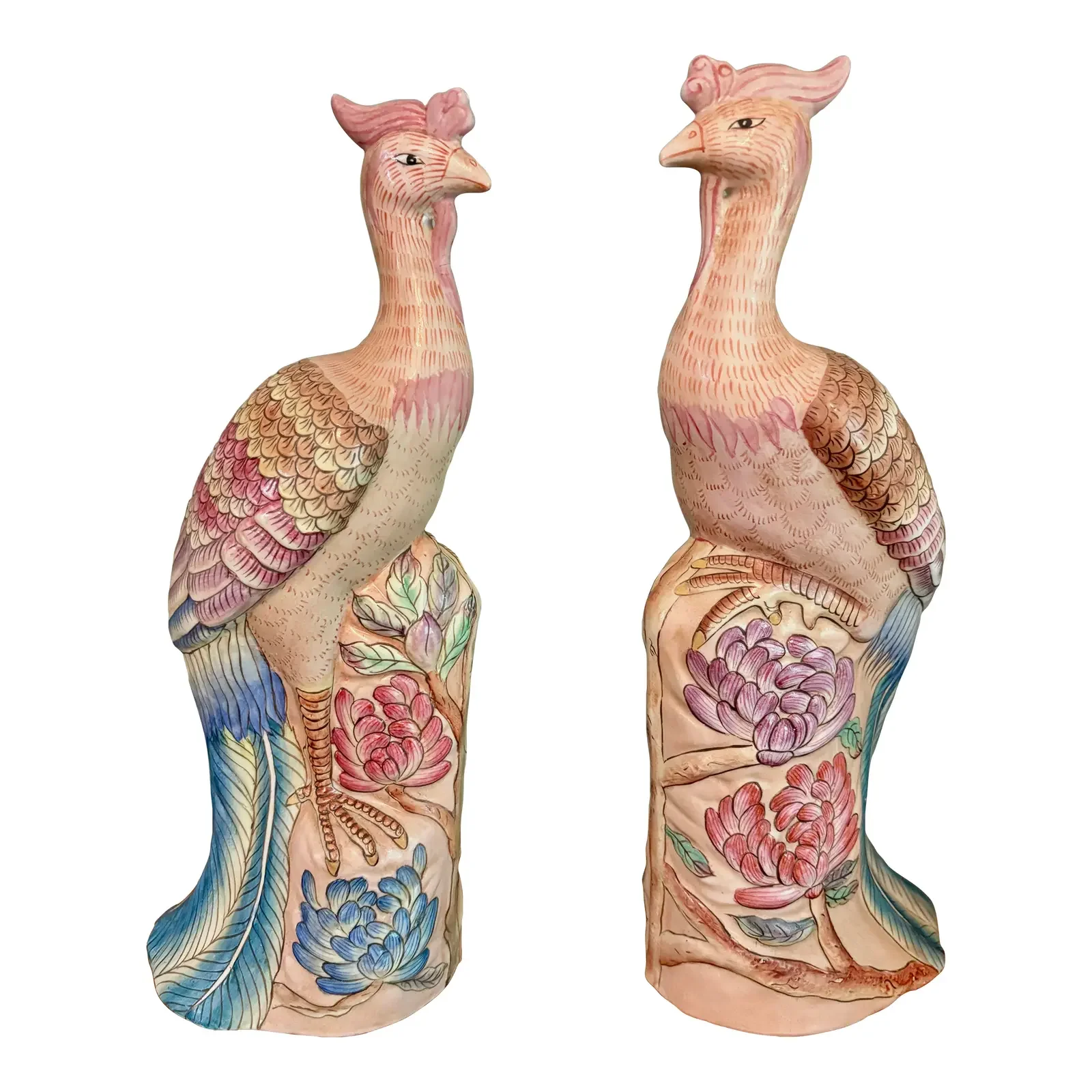 Vintage Ceramic Chinese Bird Sculpture Figurines-a Pair-Mid Century Modern Palm Beach Tropical Coastal Flowers Tree Peacocks Parrots Phoenix – A Pair